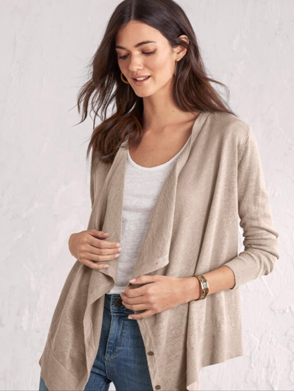 Garnet Hill Organic-Linen Modern Cardigan, Large, Beige, 100% Linen